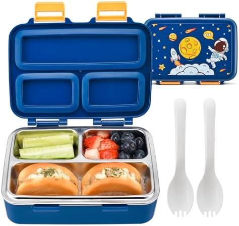 Small Bento Box for Toddlers & Snacks – 3-Compartment with Leak-Proof Lid, Spoon & Stainless Steel Tray – 20 x 15 x 6.8 cm BPA-Free, Dishwasher Safe - Fun Space Design for School & Travel (Blue)