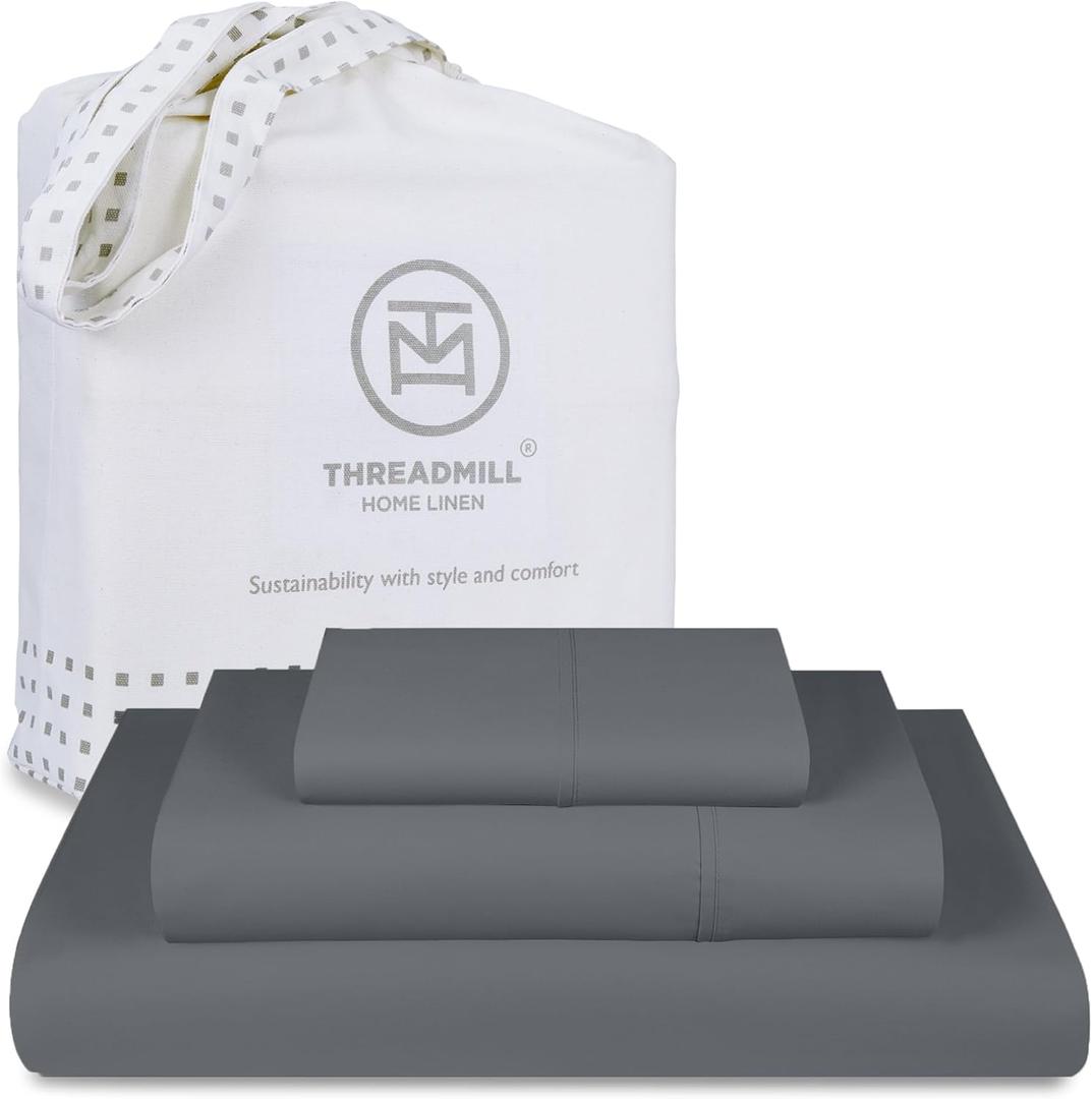 Hotel Quality Luxury 600 Thread Count 100% Cotton Twin Size Sheets, 3 Pc Sateen Weave Dark Grey Sheet Set, Premium Soft Sheets with Elasticized Deep Pocket by Threadmill