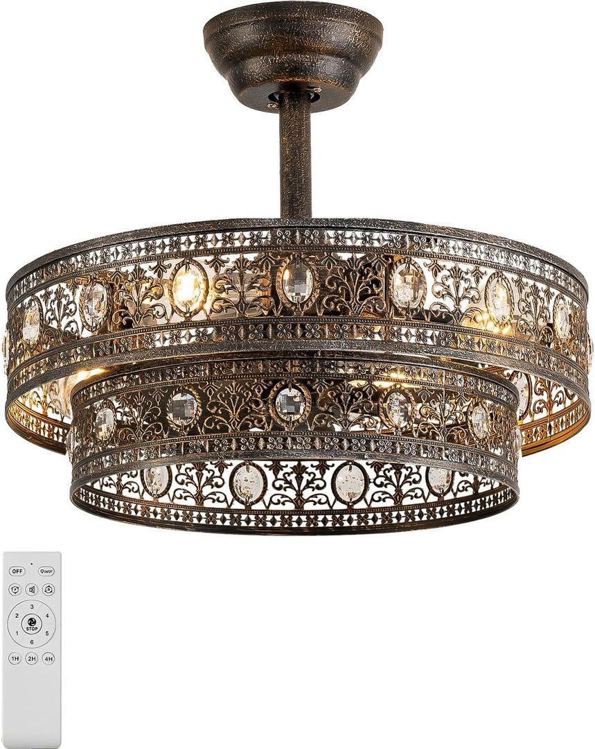 19" Caged Crystal Ceiling Fan with Light, Low Profile Fandelier, Medium