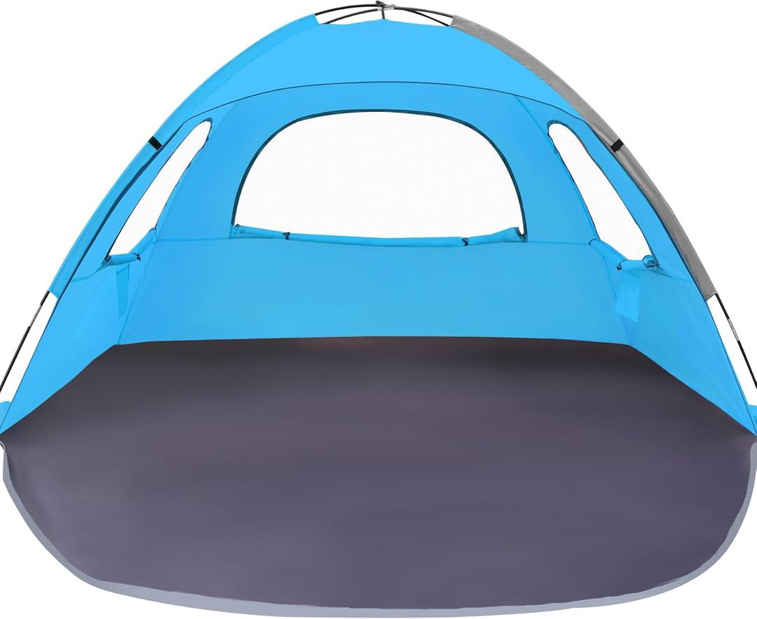WhiteFang Beach Tent Anti-UV Portable Sun Shade Shelter for 3/4/6/8 Person, Extendable Floor with 3 Ventilating Mesh Windows Plus Carrying Bag, Stakes and Guy Lines (Blue)