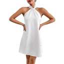 Women's Pearl Beaded Halter Twist Sleeveless Tie Back Dress Cocktail Mini Dress White M