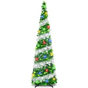 5Ft Pop Up Christmas Tree with Lights, Collapsible Pencil Tree Green Silver, Skinny Christmas Tree Slim Xmas Tree, Artificial Tinsel Tree Foldable for Home Apartment Holiday Party Winter Decor