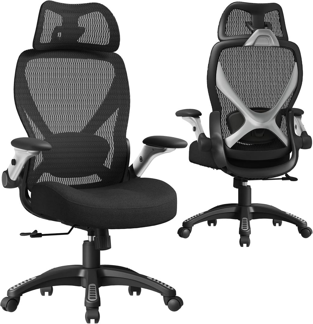 ELABEST X100 Ergonomic Mesh Office Chair, Big and Tall Home Desk Chair with 5D Flip-Up Arms, Adjustable 3D Lumbar Support, Gaming & Executive Computer Chair, 24in x 26in x 41in