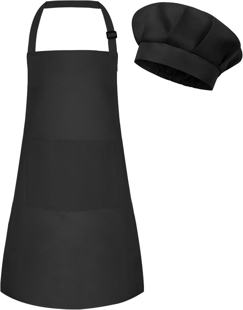 BOUBONI Kids Apron and Chef Hat Set Adjustable Child Art Aprons with 2 Pockets Toddler Chef Hat and Apron for Cooking Baking Painting (Dark Green)