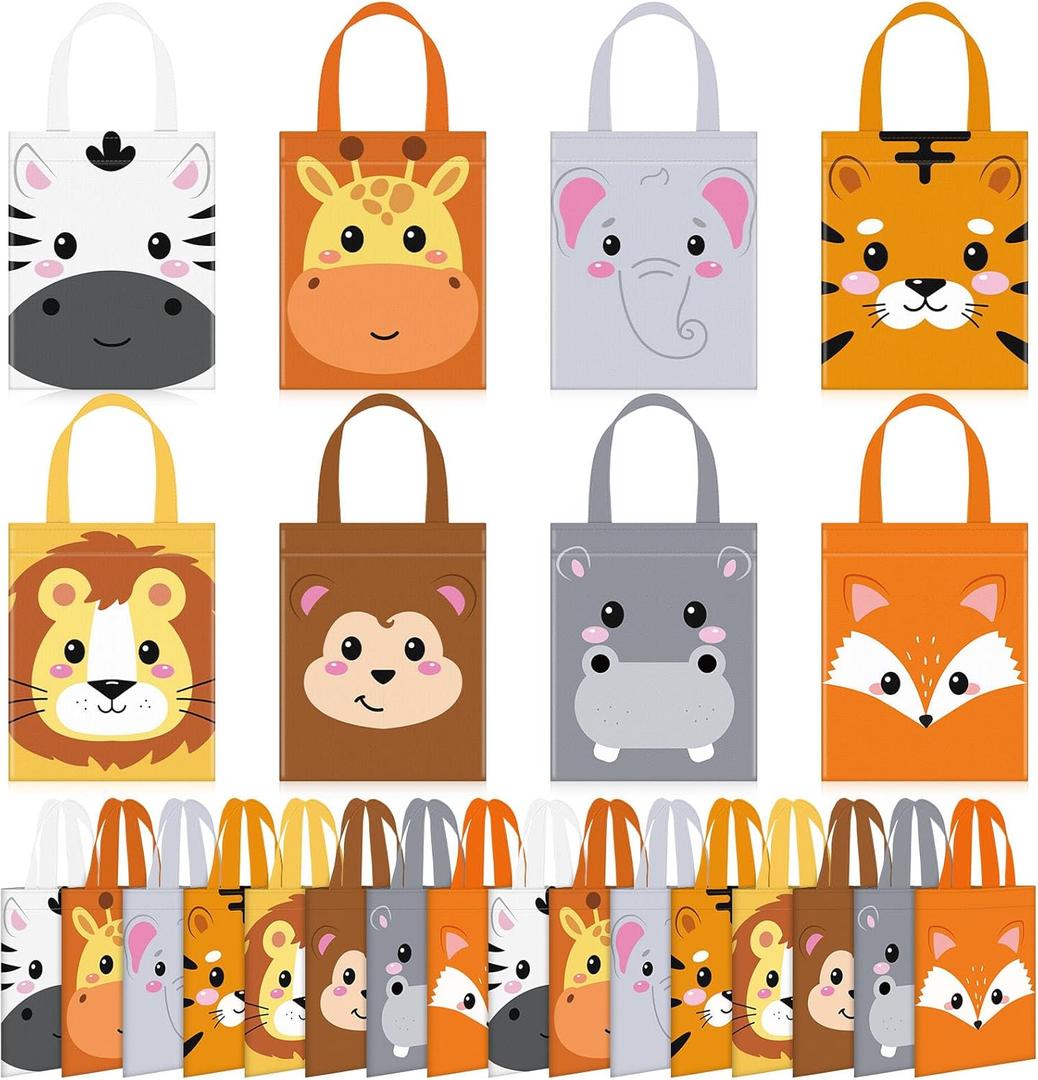 Photect 32 Pcs Safari Party Favor Bags Non Woven Jungle Animal Goodie Treat Bags with Handles Lion Tiger Elephant Monkey Giraffe Gift Pack for Kids Safari Themed Party Birthday Baby Shower Supplies