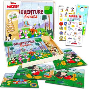 Mickey Mouse Wooden Puzzle 5 Pack - Mickey Mouse Wood Puzzles Bundle with Holding Tray with Mickey Stickers and More | Mickey Mouse Jigsaw Puzzles for Kids
