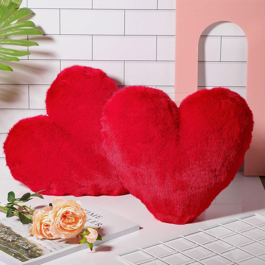 Marsui 2 Pcs Heart Throw Pillows, Soft Fluffy Faux Fur Decorative Hearts Shaped Pillows for Living Room Sofa Bed, Cute Heart Themed Gift for Mother(Red,11.81 x 11.02 Inch)