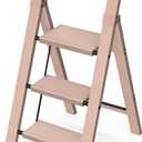 Taranta 3 Step Ladder, Lightweight Aluminum Step Stool with Convenient Handgrip, Folding Ladder with Anti-Slip Pedals, 330lbs Capacity Stepladder for Home, Office, Kitchen - Peach Pink