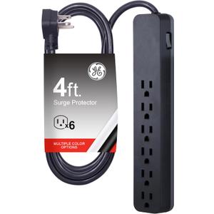 GE Pro 6-Outlet Surge Protector, 4 Ft Extension Cord, 840 Joules, Power Strip, Flat Plug, Integrated Circuit Breaker, Wall Mount, UL Listed, Black, 37051