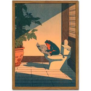 Funny Frog Bathroom Wall Art, Cute Japanese Frog in Toilet Wall Decor, Whimsical Green Animal Restroom Poster Canvas Painting Prints Artwork 12x16 inch Framed