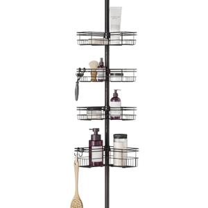 Zenna Home Tension Pole Shower Caddy Corner Organizer, Adjustable Standing Shower Caddy with 4 L-shaped Baskets and Hooks, Rust Resistant Bathroom Tension Rod Organizer, 60 to 97 Inch, Bronze