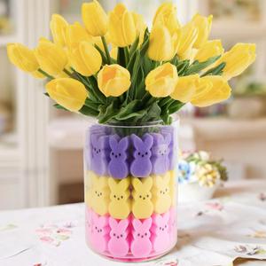 ORIENTAL CHERRY Easter Decorations - Easter Peeps Decor - 15 Artificial Tulips with 45 Bunnies Vase Filler Set, Spring Home Indoor Decoration Centerpieces for Tables