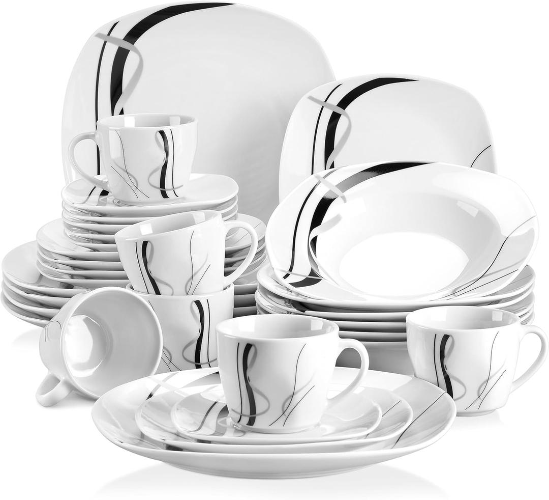 8 x VEWEET, Series Fiona, 30-Piece Dinnerware Sets for 6, White Dishes Set with Black and Gray Stripes, Porcelain Dinner Set Including Dessert Plates, Soup Plates, Dinner Plates, Cups & Saucers