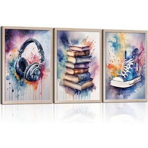 3 Pcs Framed Graffiti Abstract Wall Art Headphones Books Sneakers Canvas Print Poster Watercolor Pink Wall Decor Pictures Teenager Bedroom Wall Homemade Set Decoration for Living Room Bedroom Office 24" x 16"