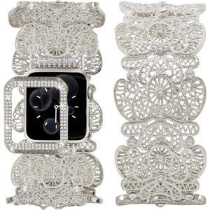VIQIV Compatible with Apple Watch Bands for Women 38/40/41/42/44/45/46/49mm with Bling Case, Unique Mesh Metal Wide Stylish Dressy Wristband for iWatch Ultra 2 Series SE/10/9/8/7/6/5/4/3