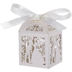 Tinksky 100pcs Wedding Candy Boxes Couple Design Luxury Lase Cut Party Wedding Favor Ribbon Candy Boxes Gift Box Table Decorations (White)