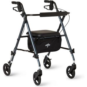 Medline Superlight Folding Aluminum Mobility Rollator Walker, Smoky Blue, 250 lb. Weight Capacity, 6" Wheels, Adjustable Arms and Seat, Foldable Rolling Walker for Seniors