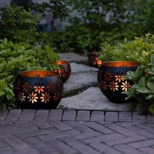 Original Solar Fire Bowl 8 4-Pack Decorative Metal Solar Patio Light with Flickering Flame, Waterproof Dusk-to-Dawn Garden Lantern, Matte Black (Large (4-Pack))
