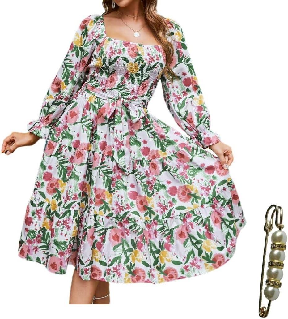 Women Square Neck Floral Dress Long Sleeve Boho Wedding Guest Dresses (S)