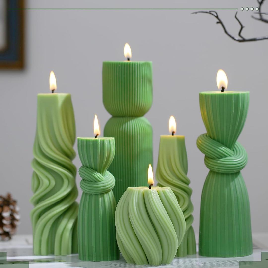 6 Pcs Pillar Candles Modern Aesthetic Ribbed Decorative Candle Set Cute Soy Wax Scented Ribbed Decor for Home(Green,3.39-9.06 Inch)