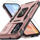 DEERLAMN Case for Samsung Galaxy S25 Plus/S24 Plus 6.7-Inch with Slide Camera Cover+Screen Protector(1 Pack), Rotated Ring Kickstand Military Grade Shockproof Protective Cover-Rose Gold