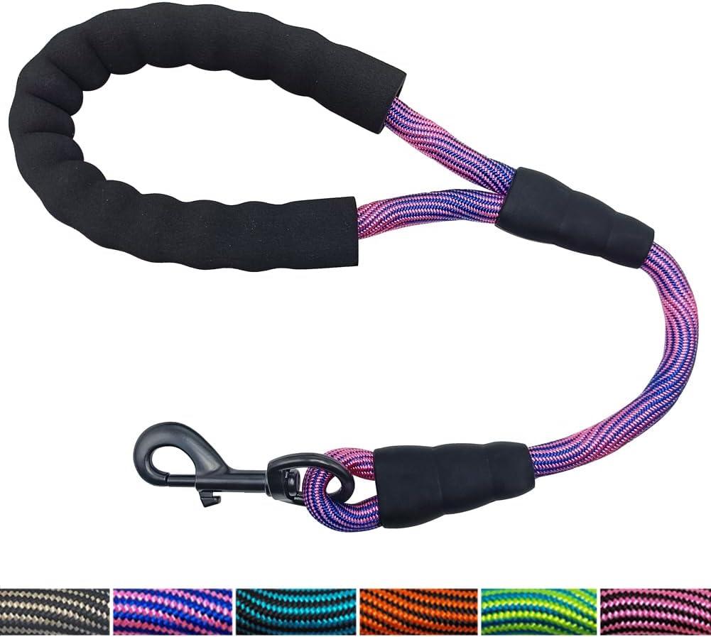 BTINESFUL 18 Inch Short Dog Leash for Training, Padded Traffic Handle Strong Nylon Rope Control Leash for Walking No Pulling, 1.5ft Dog Lead (Pink blue)