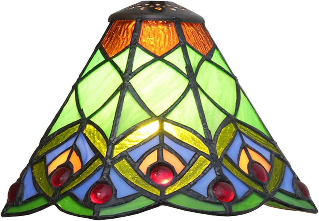 8 Inch Wide Tiffany Lamp Shade Accessories Replacement Only Mission Stained Glass Lampshades Vintage Peacock Glass Beads Light Cover for Table Lamp Pendant Light Fixtures,Green