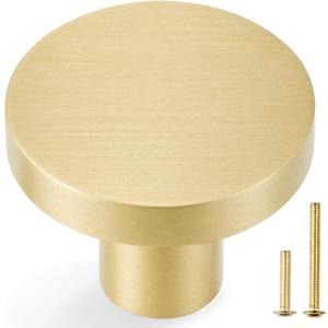 QOGRISUN 5 Pack Gold Cabinet Knobs, Solid Brass Knobs for Dresser Drawers, Brushed Brass Round Kitchen Hardware Heavy Duty, 1 Inch Diameter