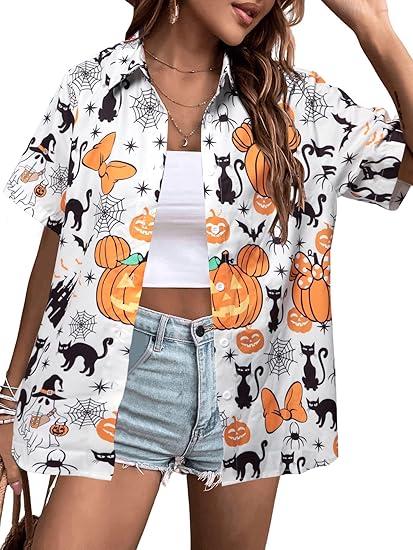 Womens Halloween Hawaiian Shirt Cute Pumpkin Spooky Castle Graphic Tee Magical Halloween Short Sleeve Button Up Tops XL