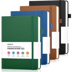 Graph Paper Notebook 4 Pack, 160 Pages, A5 Medium Size (5.7" x 8.3"), 100gsm Thick Grid Paper, Hardcover Leather Grid Notebook Journal for Writing, Graph Notebook for Work, School, Math, Engineering