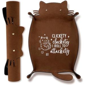 Cat Dice Rolling Tray Novelty Folding Leather Dice Holder Portable Dice Storage Accessories Decorative Desk Organizer Funny Gift for DND RPG Game Players (Brown)