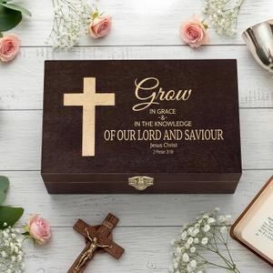 CroBlissful First Communion Wooden Box Keepsake Baptism Memory Box Gift 8.6 x 5.1 x 2.4 Inches First Holy Communion Jewelry Storage for Baptism Memory Keepsake(Cross)