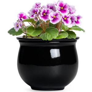 Ceramic African Violet Self Watering Pots, 6 Inch Self Watering Plant Pot with Absorbent Inner Pot, Flower Pots for Indoor Plants, Round Ceramic Planter, Home Decor, Plant Lover Gifts, Black
