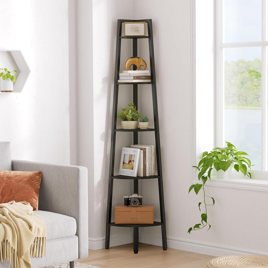 Hoctieon Corner Shelf, 5-Tier Corner Bookshelf, Rustic Ladder Shelf, Industrial Display Stand for Living Room, Kitchen, Home Office, Balcony, Small Space, Metal Frame, Black 
