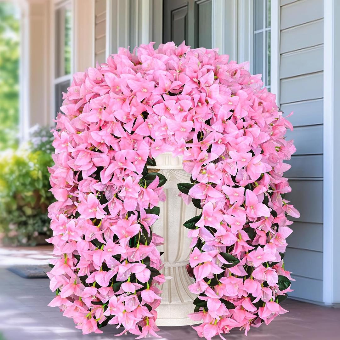 2 Pcs UV Resistant Artificial Flowers for Outdoors, Realistic Faux Silk Bougainvillea Flowers, Fake Hanging Plants for Porch Patio Balcony Decoration (Pink)