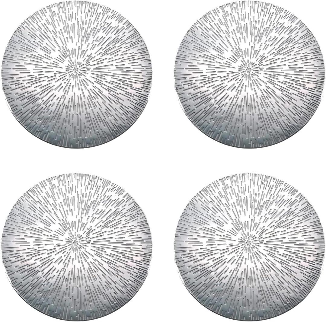 Silver Placemats Set of 4 Round PVC Table Mats 15 Inches Decorative Heat Resistant Placemats for Dining Holiday Wedding Party Easy to Clean Kitchen Mats with Leaf Cut-Out Design Home Decoration