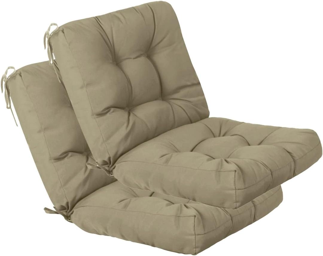 QILLOWAY Outdoor Chair Cushion for Patio Furniture, Waterproof Patio Cushions Set of 2 with Ties, Fade Resistant Replacement Pads for Outdoor Rocking Chairs,Beige