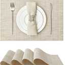 Leetaltree Sparkling Beige and Gold Vinyl Woven Placemats Set of 4 - Durable - Washable - Wipeable Dining Table Place Mats, Suitable for Indoor & Outdoor Use - Hand-Cut