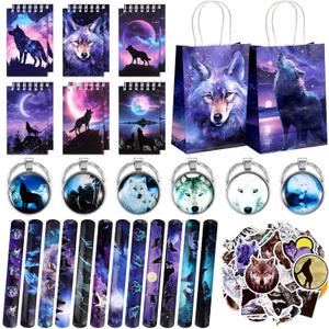 Abbylike 48 Pcs Wolf Party Favors Party Decor Birthday Supply Wolf Paper Bag Gift Mini Notebook Keychain Slap Bracelet Sticker for Baby Shower Holiday