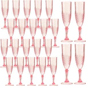 24PCS Plastic Champagne Flutes,7.1Oz Acrylic Pink Wine Glasses Goblets Reusable Drinking Champagne Glasses for Wedding ,Shatterproof and Disposable Cups Plastic Goblets Grand Event Party Supplies