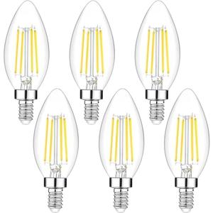 6-Pack Dimmable E12 LED Candelabra Bulbs 40Watt Equivalent, 5000K Daylight White, 450Lumens, 4W B11 Vintage Chandelier Light Bulbs, LED Filament Clear Glass Candle Lamp for Ceiling Fan Home Decor