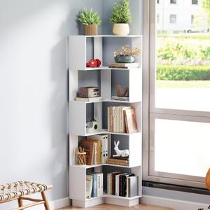 Corner Bookshelf, 68.9" Tall Wooden Corner Bookcase 5 Tiers L-Shaped Storage Freestanding Display Rack Large Open Bookshelf with Fixture for Living Room Bedroom Study Office (White)