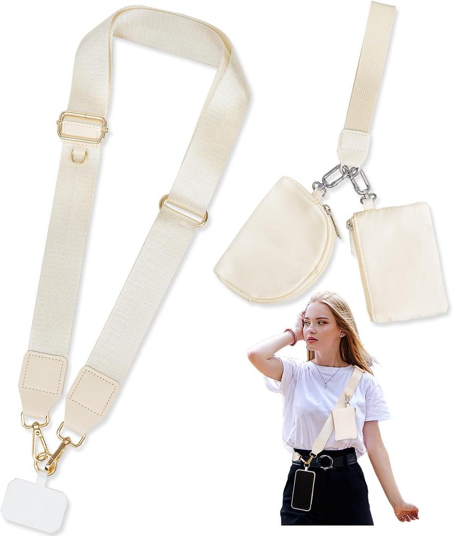 Phone Lanyard Crossbody with 2 Zipper Wallets, 2 Pcs-Save Girls Phone Strap Crossbody & Wrist Lanyard-1 Pad, Clip & Go Cellphone Strap with Pouch for Women, Universal Lanyard for Travel (Beige), Small