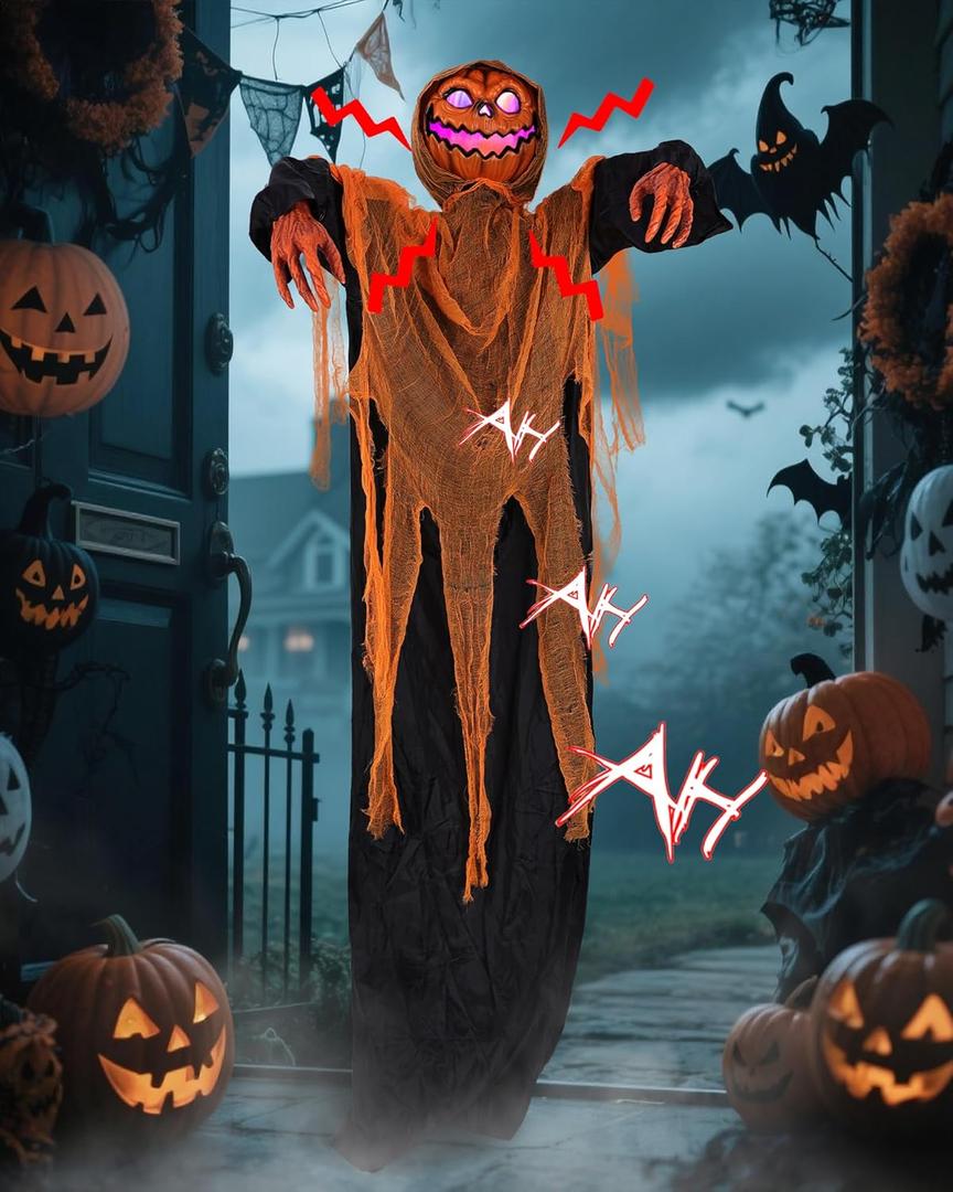 5.9FT Halloween Animatronics Decorations Large Standing Pumpkin Man - Battery Operated Pre Lighting Voice-Controlled Sensing Holiday Pumpkin Decoration