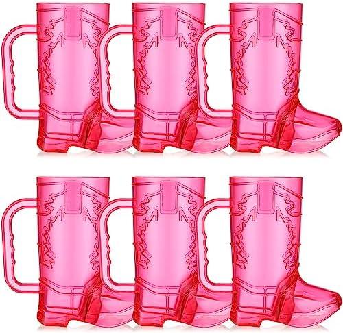 Sieral 6 Pcs Cowboy Boot Shot Glasses, 16 oz Large Plastic Boot Shot Glasses Drink Cups Mug with Handle for Cowboy Cowgirl Western Theme Party Favors(Pink)