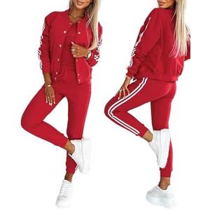 CHICME Women's Three Piece Outfits Striped Tape Patch Tank Tops Bomber Jacket with Sporty Pants Tracksuit Lounge Sets, M