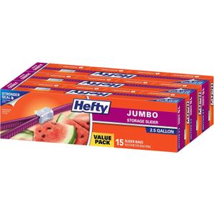 Hefty Slider Jumbo Storage Bags, 2.5 Gallon Size, 3 Boxes of 15 Bags (45 Total)