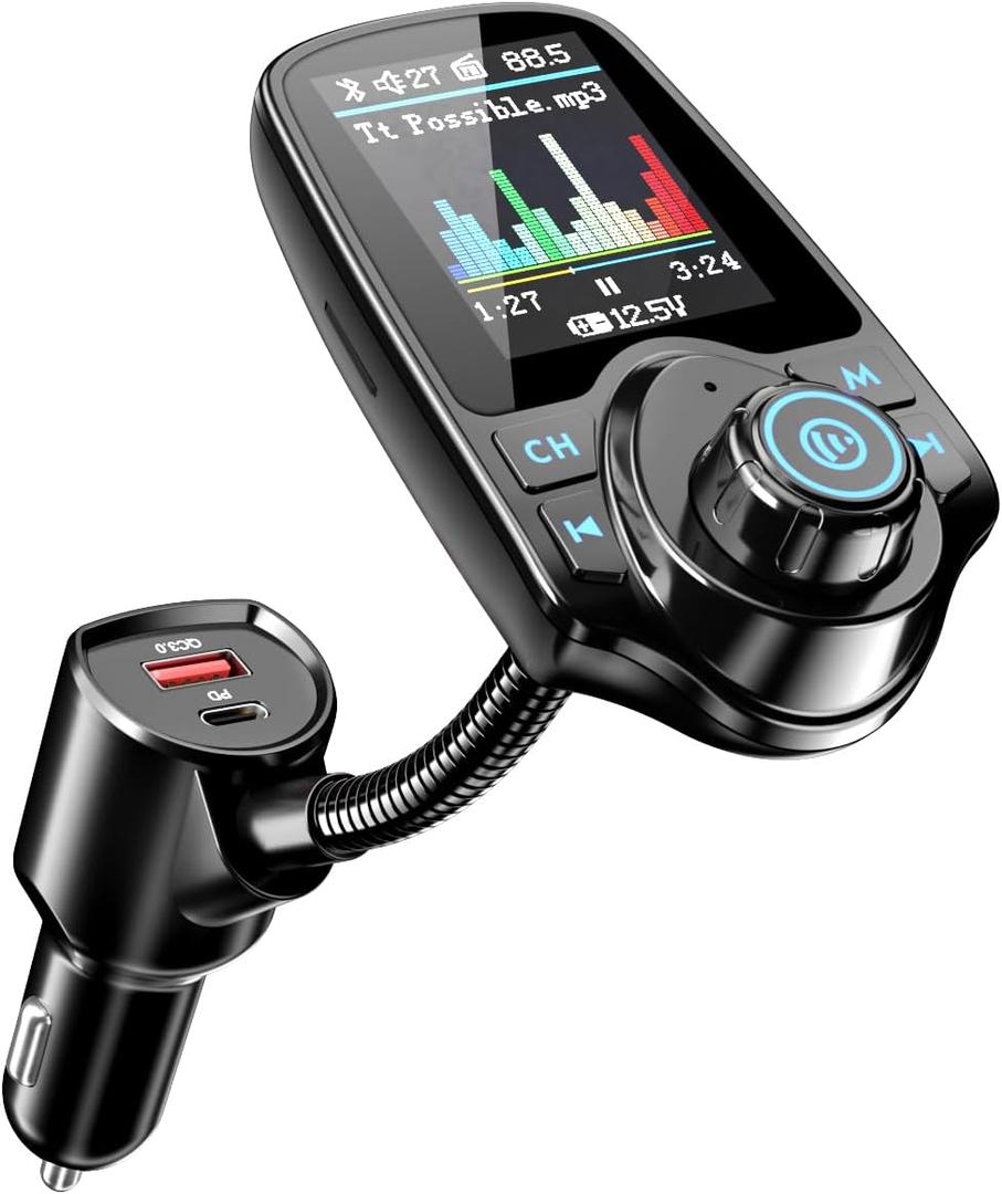 Nulaxy [2026 KM18 Upgraded Version] 1.8" Color Screen 48W Bluetooth 5.4 Car Adapter, Dual Fast Charging Ports [PD 30W & QC3.0 18W] Wireless Radio FM Transmitter, Hands-Free Call, 7 EQ Modes, Black