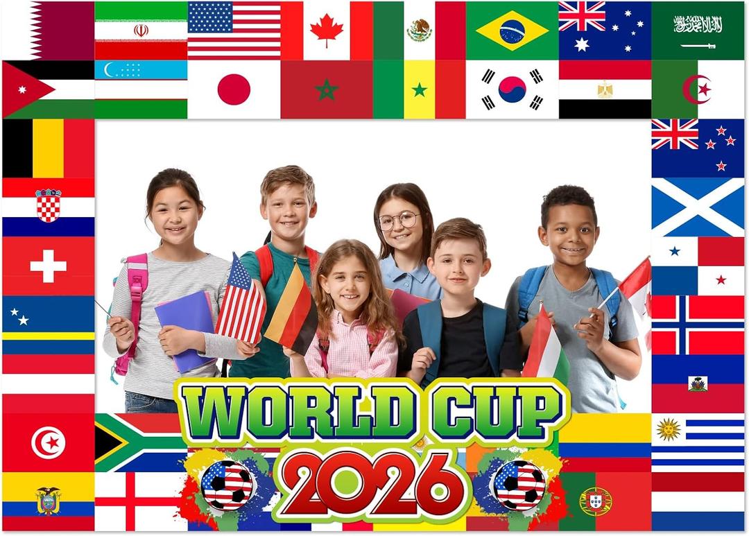 Soccer Birhday Party Decorations Photo Booth Frame,International Flags Themed Photo Props, Sports Party Decorations for Futbol Game Night, Sports Event, World Flags Selfie Frame for Party Favors