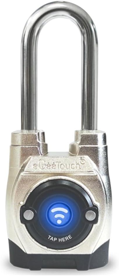 eGeeTouch 5th GEN Outdoor Smart Padlock  (Single, Long Shackle) Keyless Bluetooth & NFC Lock, Weatherproof Security for Gates, Sheds, and Bikes - Convenient App Control & Reliable Durability